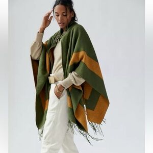 Anthropologie Fringed Funnel Neck Knit Poncho - Color Moss